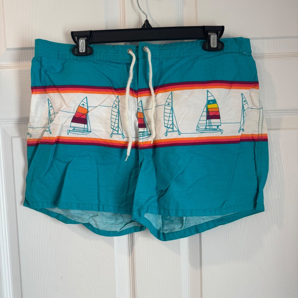 Hobie Swim Trunks Mens L Teal Vintage Sailboat Graphic Retro Surf Made in USA